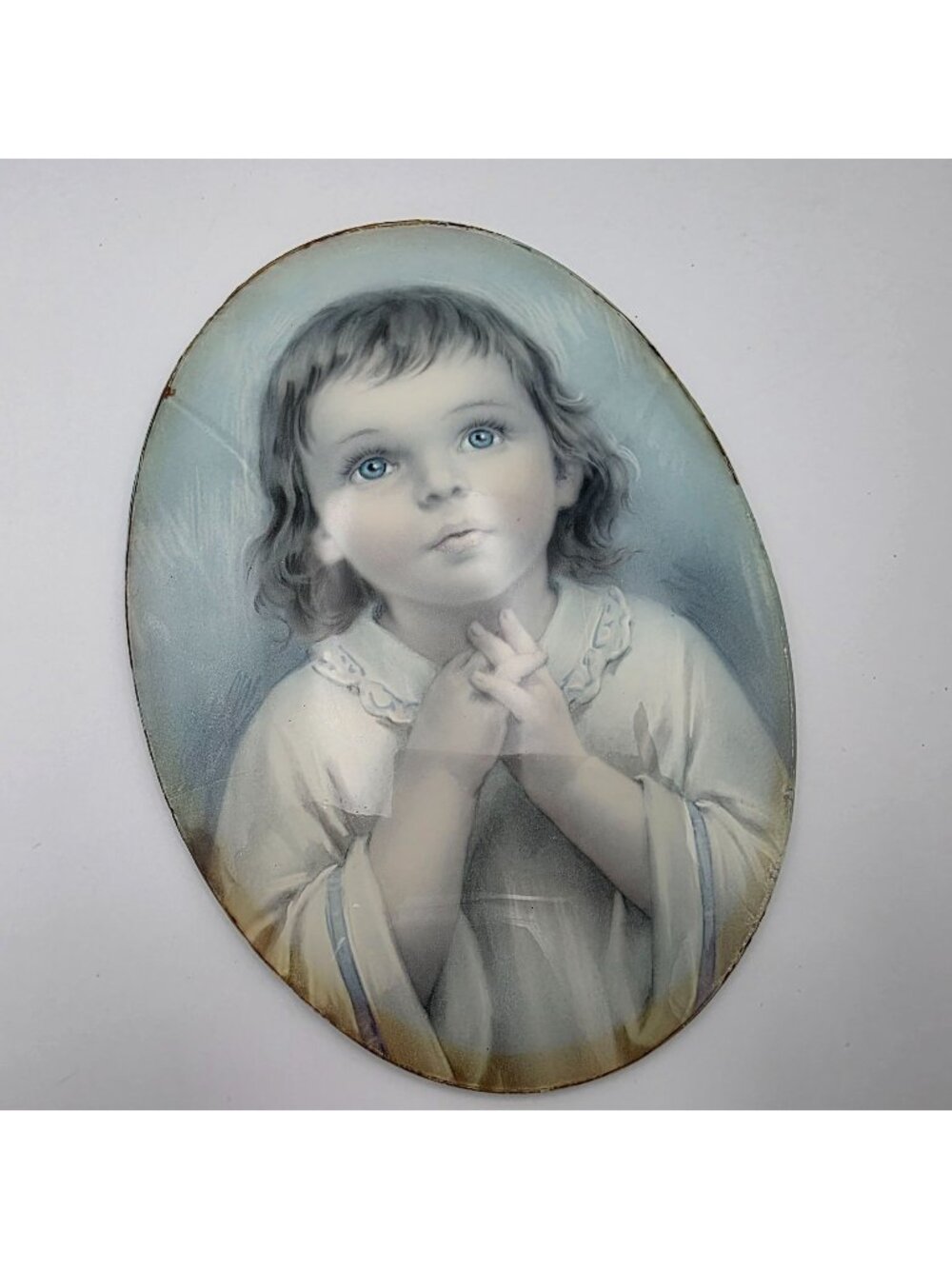 Vintage Oval Religious Lithograph Praying Child in Concave Oval Glass 5"x7"
